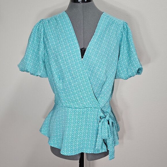 Meraki Faux Wrap Blouse Puff Sleeve Women’s Large Green Teal Geometric Pattern - Picture 1 of 10